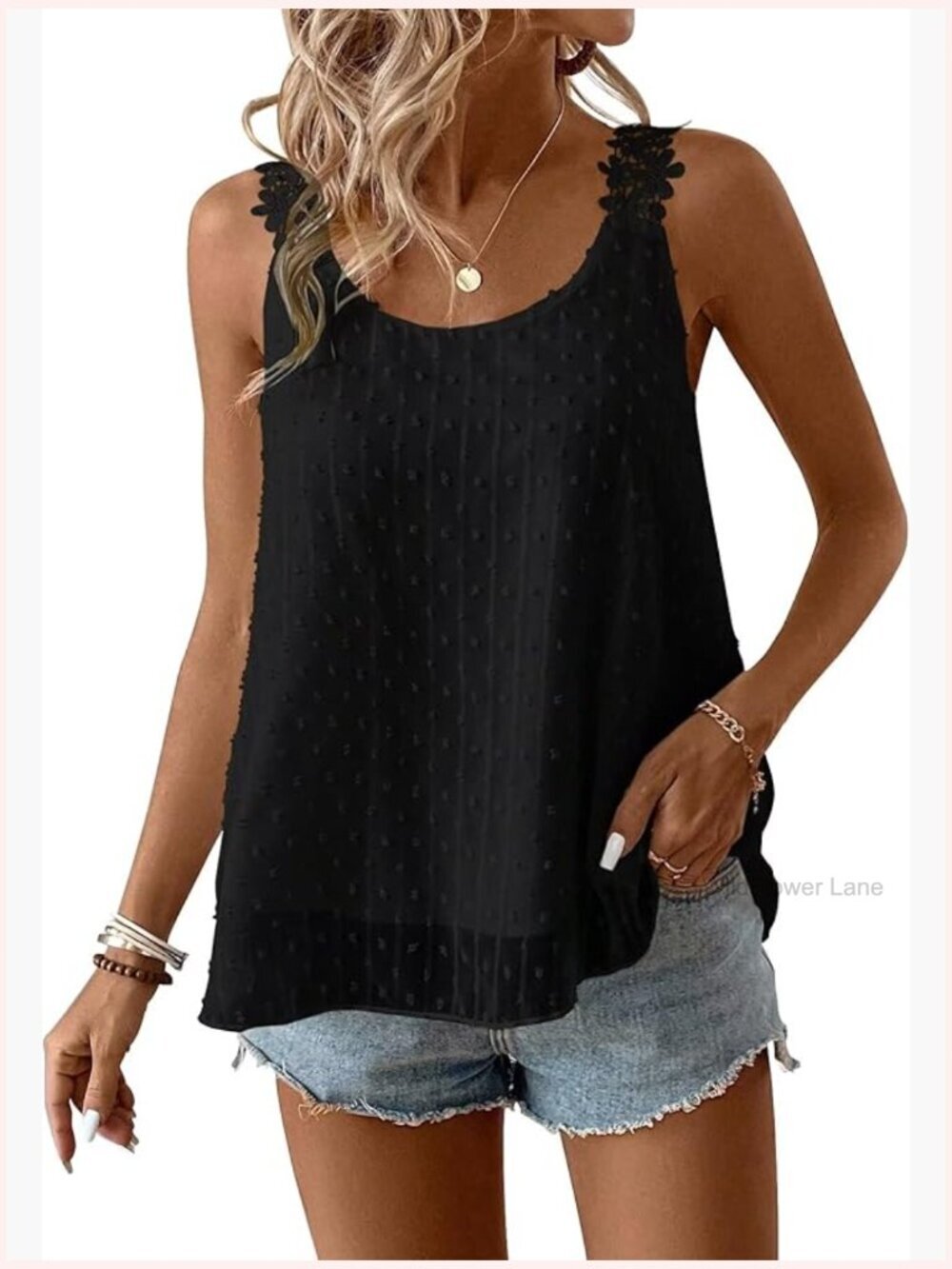 Flowy Sleeveless Lace Tank Top with Swiss Dot Detail
